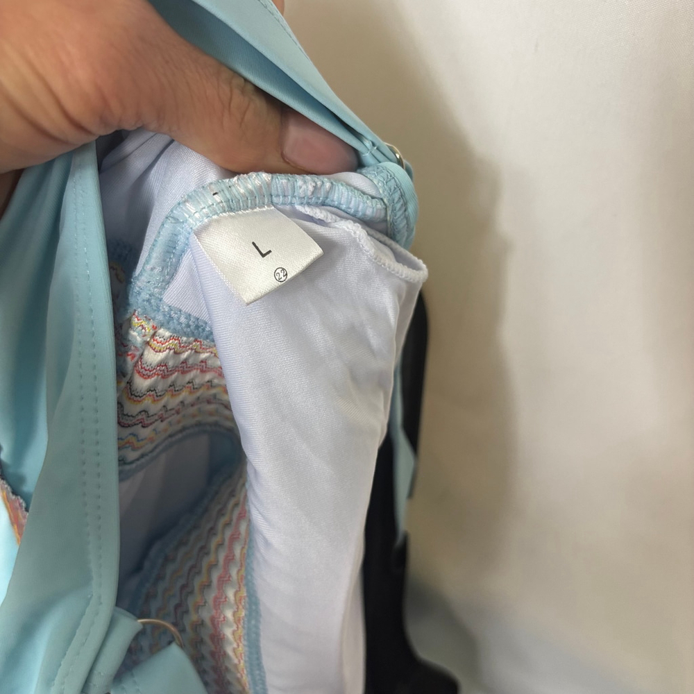 Turquoise One-Piece Swimsuit Size L Ocean Blue With Vintage Camera Strap Stripe - Picture 5 of 5
